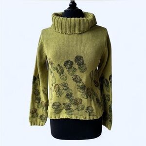 Christina Rotelli Cozy Green Knit Sweater with Cowl Neck and Leaf Pattern